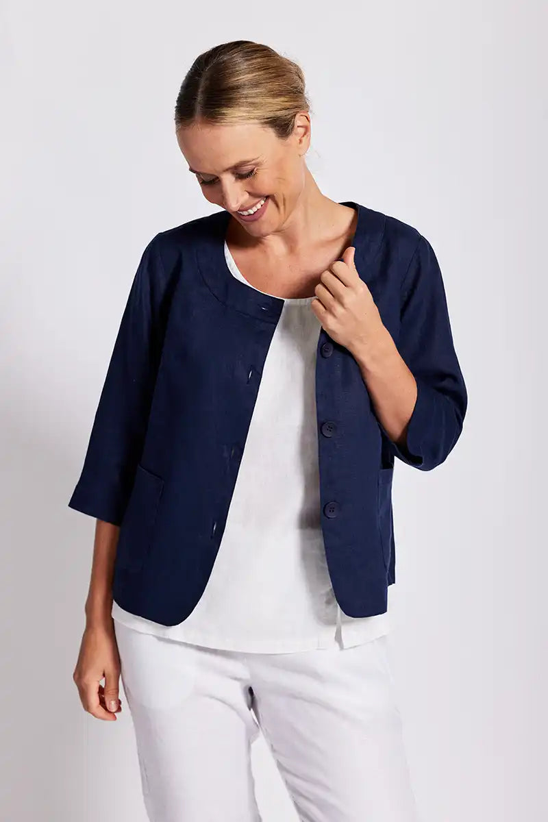 See Saw Linen Utility Jacket in Navy Zip Front Button Front Snap Front