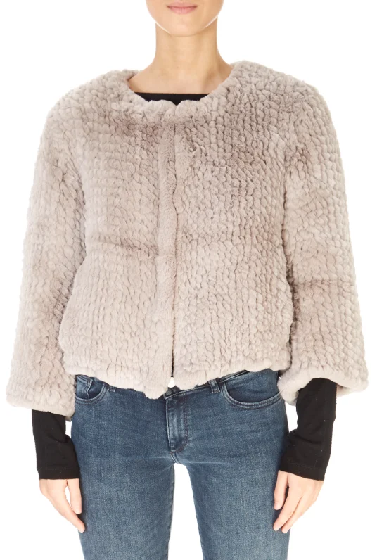 Short 3/4 Sleeve Light Grey Rex Rabbit Jacket Zippered Front Buttoned Front Snap Front Short 3/4 Sleeve Light Grey Rex Rabbit Jacket Zippered Front Buttoned Front Snap Front