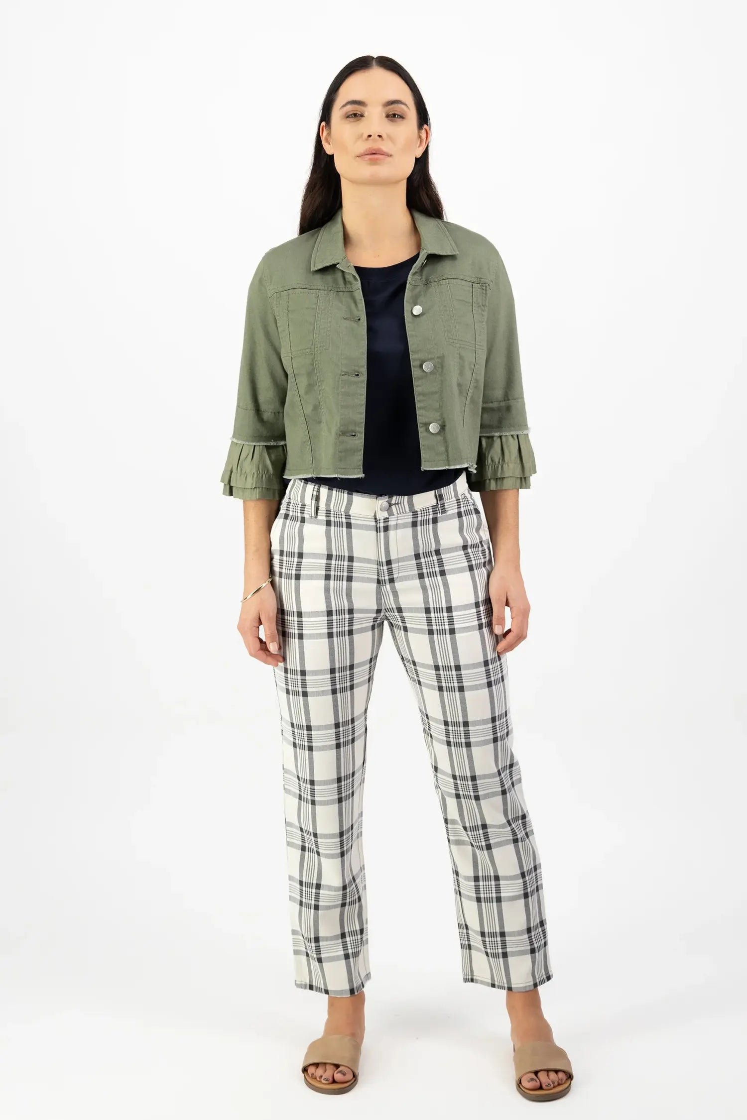 Vassalli Cropped Denim Jacket with Frill Sleeve in Khaki Fleece Fabric Down Fabric Feather Fabric Vassalli Cropped Denim Jacket with Frill Sleeve in Khaki Fleece Fabric Down Fabric Feather Fabric