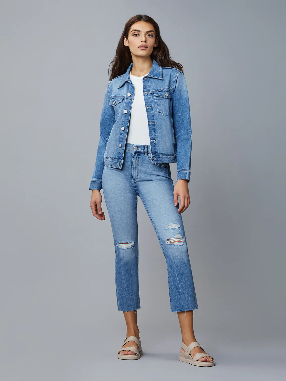 Vika Classic Denim Jacket in Droplet Wash Satin Fabric Silk Fabric Chiffon Fabric