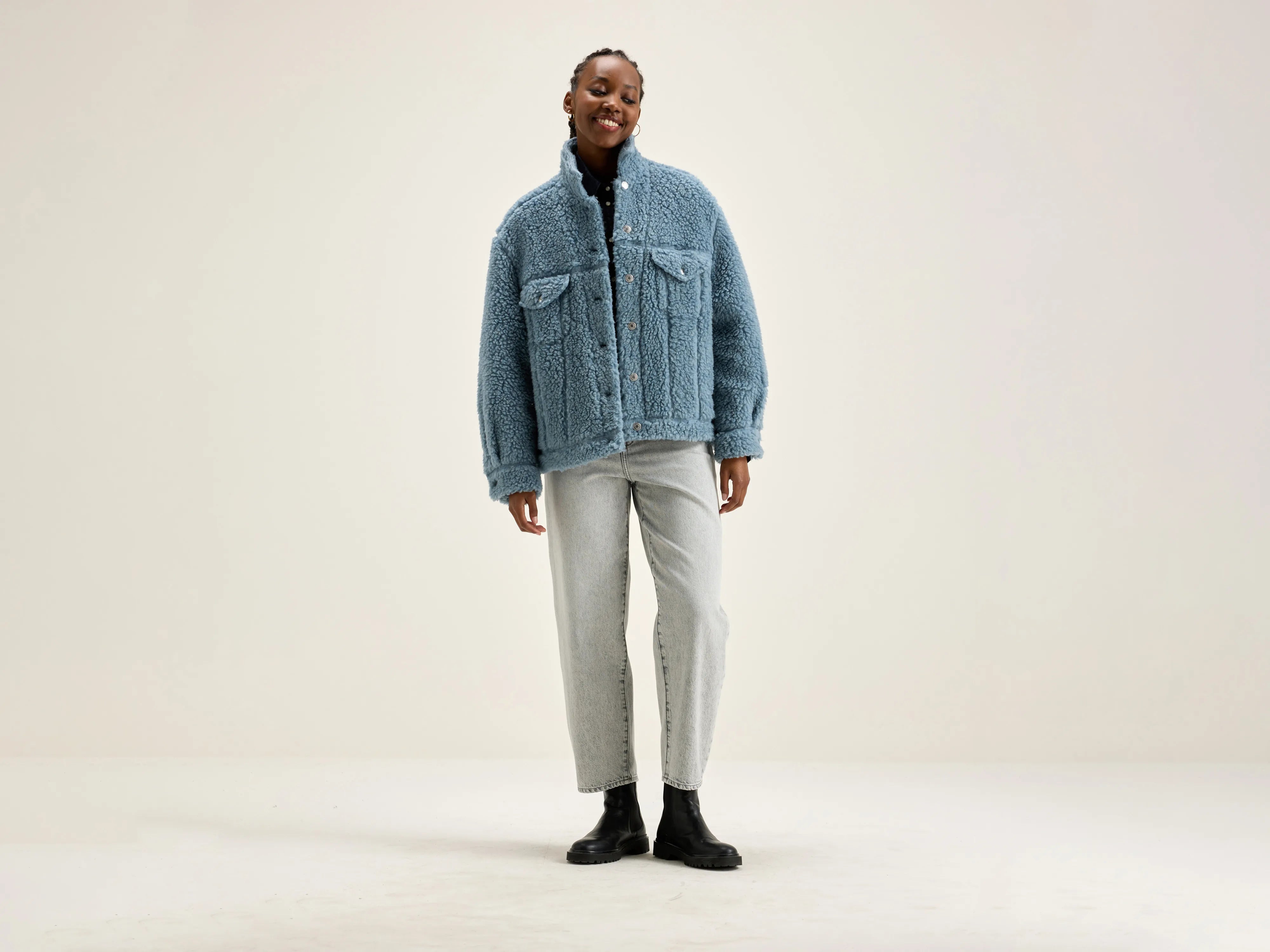 Joyce teddy jacket (242 / W / DENIM) Zip Front Button Front Snap Front