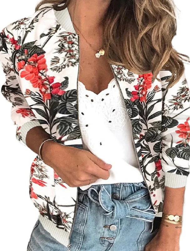 Women’s Floral Bomber Jacket Notch Collar Jacket Peter Pan Collar Jacket Cowl Neck Jacket