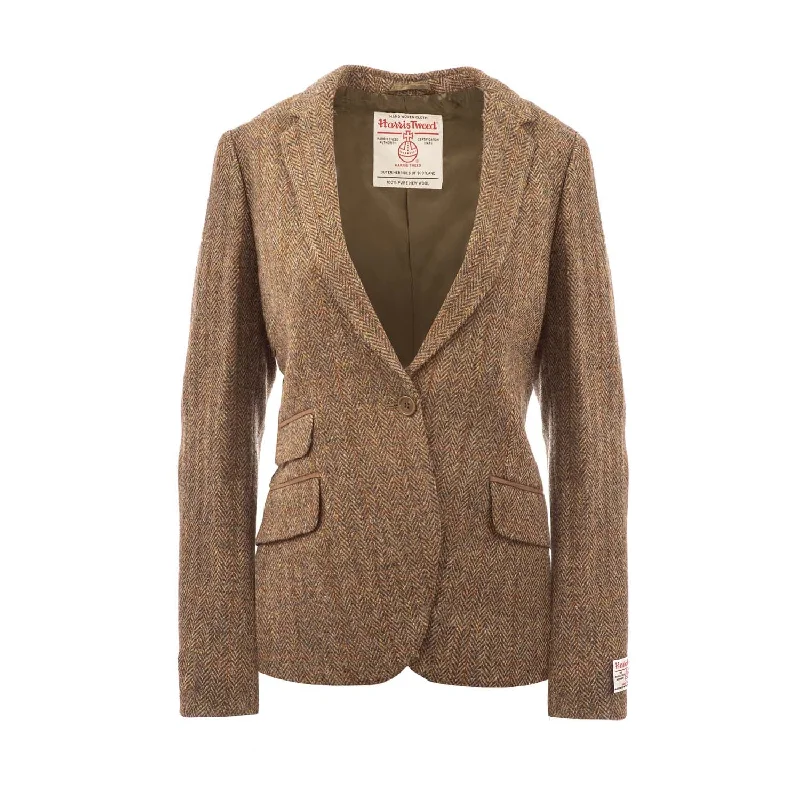 Women's Harris Tweed Iona Jacket  Brown Herringbone V-Neck Jacket Boat Neck Jacket Square Neck Jacket