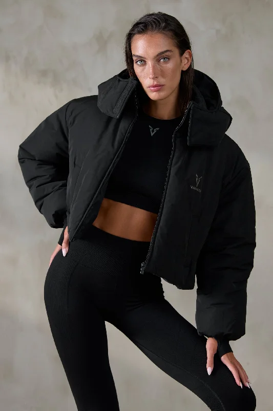 V_QUILT BOXY PUFFER JACKET - Black Embroidered Jacket Appliqued Jacket Beaded Jacket