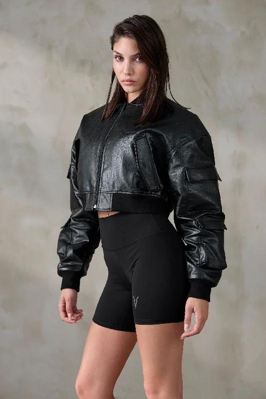 V_GAN LEATHER BOXY BOMBER JACKET - Black Oversized Jacket Tailored Jacket Straight Jacket