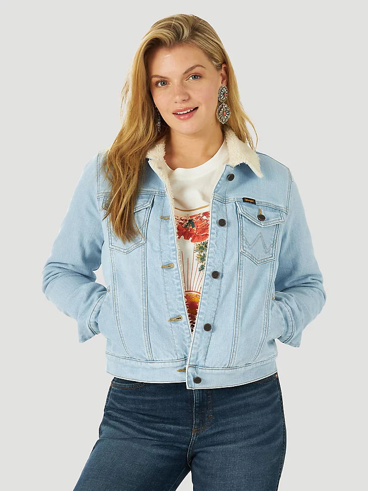 Women's WRANGLER RETRO® 112317322 Sherpa Lined Western Denim Jacket In Bleached Denim  *CLOSEOUT* Plaid Jacket Tartan Jacket Houndstooth Jacket