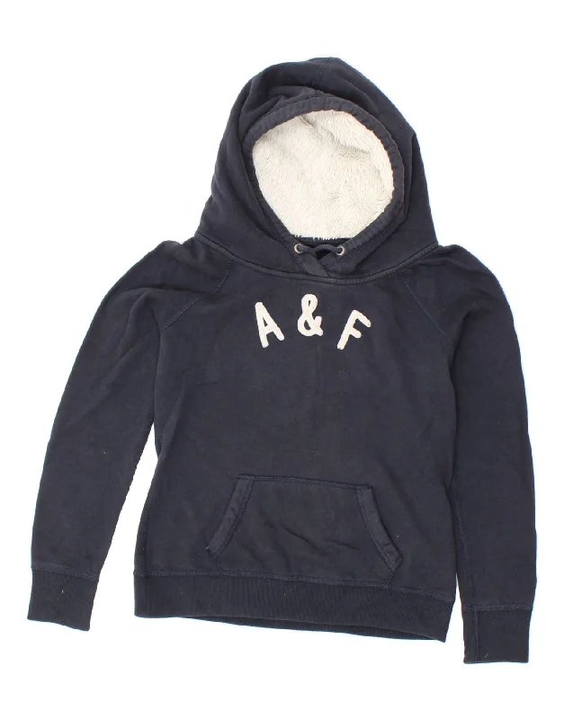 ABERCROMBIE & FITCH Womens Graphic Hoodie Jumper UK 16 Large Navy Blue Hoodie with Slim Fit Tailored Modern