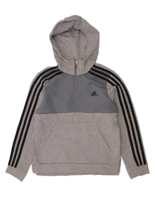 ADIDAS Boys Graphic Hoodie Jumper 11-12 Years Grey Colourblock Cotton Hoodie with Embroidery Detailed Premium ADIDAS Boys Graphic Hoodie Jumper 11-12 Years Grey Colourblock Cotton Hoodie with Embroidery Detailed Premium