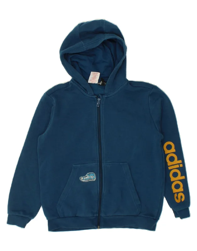 ADIDAS Boys Graphic Zip Hoodie Sweater 14-15 Years Blue Hoodie with Hem Contrast Bold Stylish