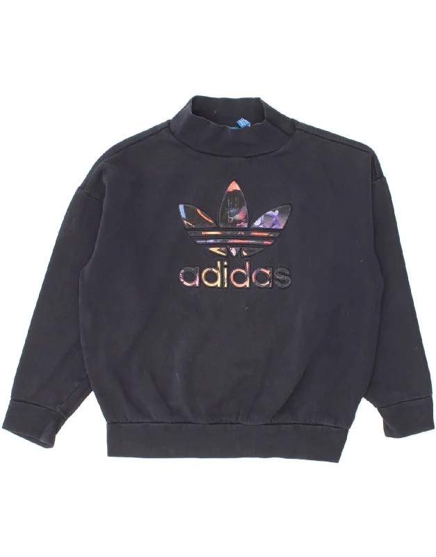 ADIDAS Girls Graphic Sweatshirt Jumper 14-15 Years Navy Blue Cotton Hoodie with Strings Custom Fit Adjustable