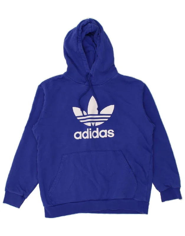 ADIDAS Mens Graphic Hoodie Jumper Large Blue Cotton Hoodie with Back Slit Movement Comfort