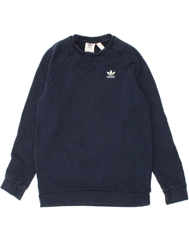 ADIDAS Mens Sweatshirt Jumper Small Navy Blue Cotton Hoodie with Raw Hem Edgy Unfinished