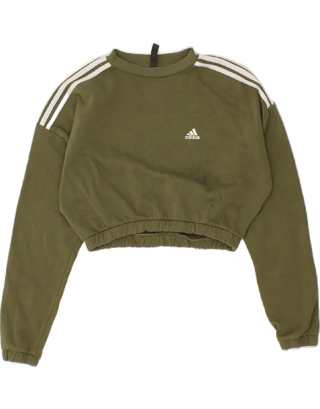 ADIDAS Womens Crop Sweatshirt Jumper UK 12/14 Medium Khaki Cotton Hoodie with Pattern Geometric Abstract ADIDAS Womens Crop Sweatshirt Jumper UK 12/14 Medium Khaki Cotton Hoodie with Pattern Geometric Abstract
