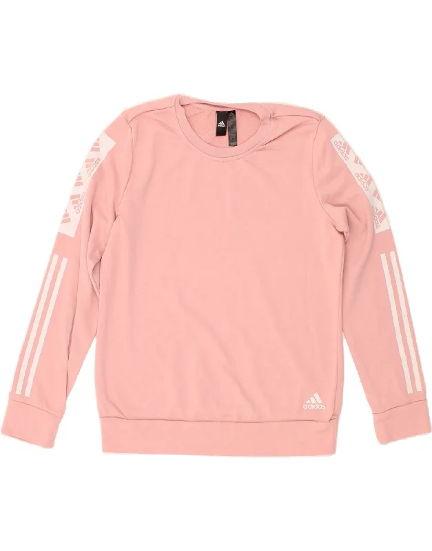 ADIDAS Womens Graphic Sweatshirt Jumper UK 12/14 Medium Pink Cotton Hoodie with Hem Patch Decorative Personalized