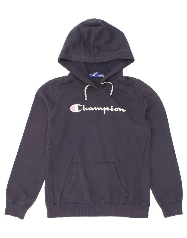 CHAMPION Boys Graphic Hoodie Jumper 9-10 Years Medium Navy Blue Hoodie with Logo Branding Identity