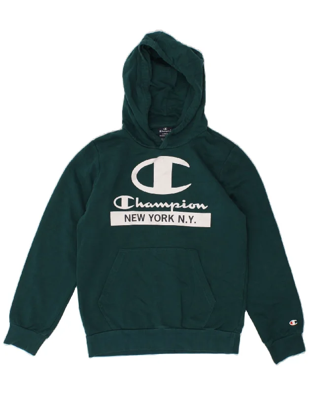 CHAMPION Boys New York City Graphic Hoodie Jumper 11-12 Years Large Green Hoodie with Hem Patch Decorative Personalized CHAMPION Boys New York City Graphic Hoodie Jumper 11-12 Years Large Green Hoodie with Hem Patch Decorative Personalized