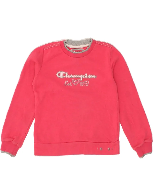 CHAMPION Girls Graphic Sweatshirt Jumper 7-8 Years Small Pink Cotton Hoodie with Applique Textured Unique CHAMPION Girls Graphic Sweatshirt Jumper 7-8 Years Small Pink Cotton Hoodie with Applique Textured Unique