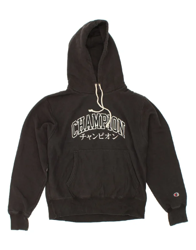 CHAMPION Mens Graphic Hoodie Jumper Medium Black Cotton Hoodie with Hem Applique Textured Unique