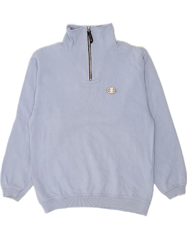 CHAMPION Mens Zip Neck Sweatshirt Jumper Medium Blue Cotton Hoodie with Contrast Stitching Detailed Premium CHAMPION Mens Zip Neck Sweatshirt Jumper Medium Blue Cotton Hoodie with Contrast Stitching Detailed Premium