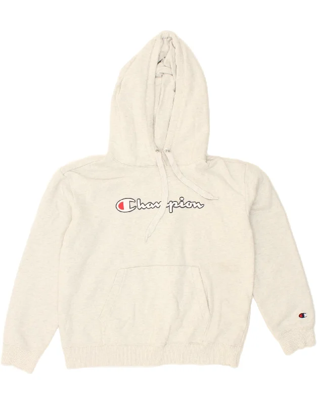 CHAMPION Womens Graphic Hoodie Jumper UK 14 Medium Beige Flecked Cotton Hoodie with Slim Fit Tailored Modern