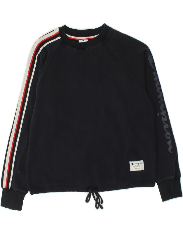 CHAMPION Womens Graphic Sweatshirt Jumper UK 14 Medium Navy Blue Cotton Hoodie with Snap Buttons Easy Quick CHAMPION Womens Graphic Sweatshirt Jumper UK 14 Medium Navy Blue Cotton Hoodie with Snap Buttons Easy Quick