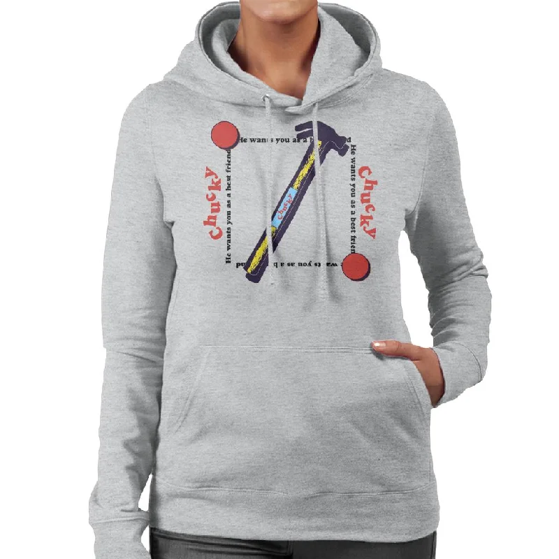 Child's Play Chucky Best Friend Hammer Women's Hooded Sweatshirt Hoodie with Monochrome Minimalist Simple Child's Play Chucky Best Friend Hammer Women's Hooded Sweatshirt Hoodie with Monochrome Minimalist Simple
