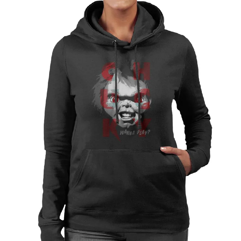 Chucky Doll Wanna Play Women's Hooded Sweatshirt Hoodie with Tied Waist Feminine Flattering Chucky Doll Wanna Play Women's Hooded Sweatshirt Hoodie with Tied Waist Feminine Flattering