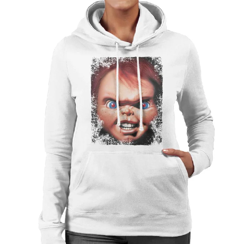 Chucky Face Close Up Women's Hooded Sweatshirt Hoodie with Slit Hem Functional Movement Chucky Face Close Up Women's Hooded Sweatshirt Hoodie with Slit Hem Functional Movement