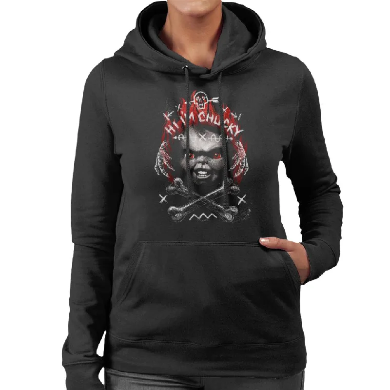 Chucky Hi Im Chucky Quote Women's Hooded Sweatshirt Hoodie with Ribbed Cuffs Snug Fit Comfort Chucky Hi Im Chucky Quote Women's Hooded Sweatshirt Hoodie with Ribbed Cuffs Snug Fit Comfort