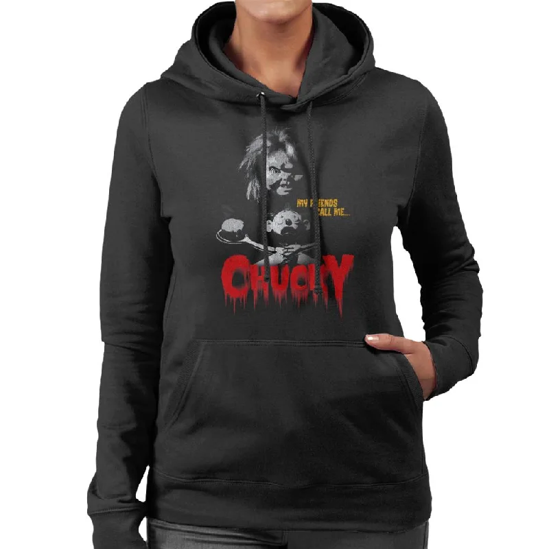 Chucky My Friends Call Me Chucky Women's Hooded Sweatshirt Hoodie with Mock Neck Collared Structured Chucky My Friends Call Me Chucky Women's Hooded Sweatshirt Hoodie with Mock Neck Collared Structured