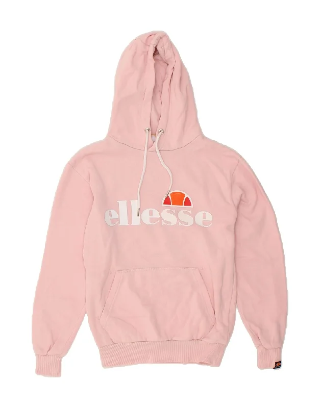 ELLESSE Womens Graphic Hoodie Jumper UK 6 Small Pink Cotton Hoodie with Stripes Bold Sporty