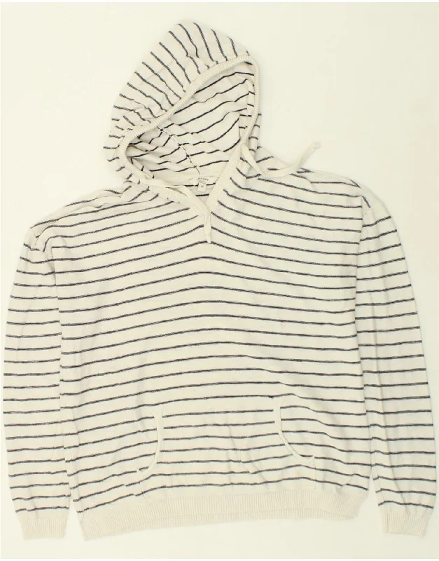 FAT FACE Womens Hoodie Jumper UK 14 Large White Striped Cotton Hoodie with Velcro Closure Adjustable Secure
