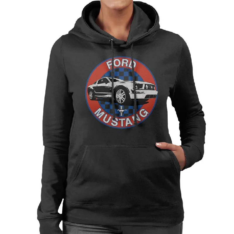 Ford Mustang Blue Checkered Race Stripes Women's Hooded Sweatshirt Hoodie with Ribbed Cuffs Snug Fit Comfort