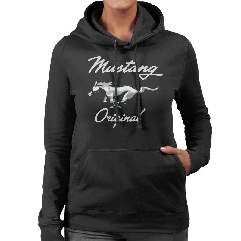 Ford Mustang Original Chrome Horse Logo Women's Hooded Sweatshirt Hoodie with Button Classic Timeless