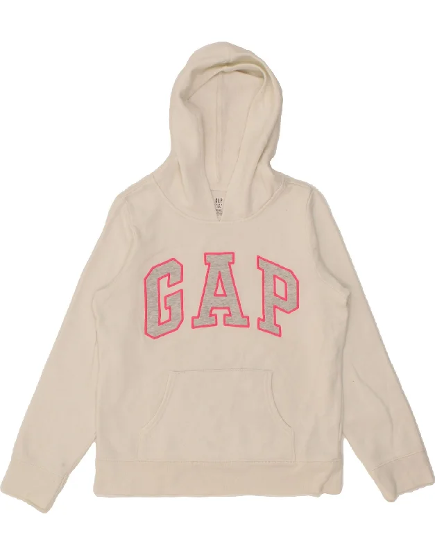 GAP Girls Graphic Hoodie Jumper 13-14 Years 2XL White Cotton Hoodie with Drawcord Adjustable Secure