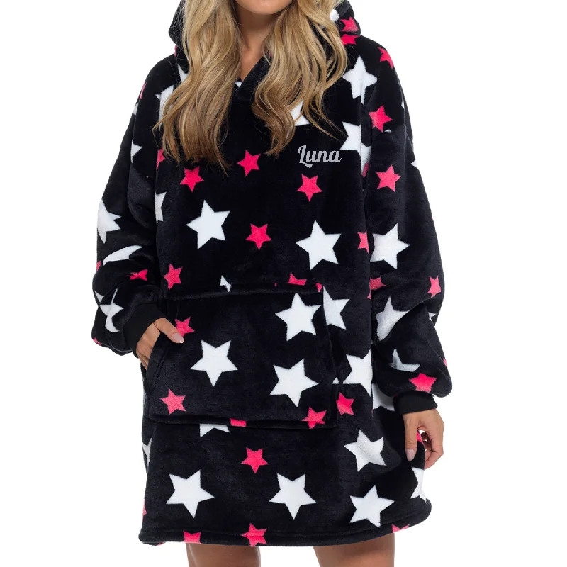 Black Star Print Snuggle Hoodie Hoodie with Front Slit Layering Stylish
