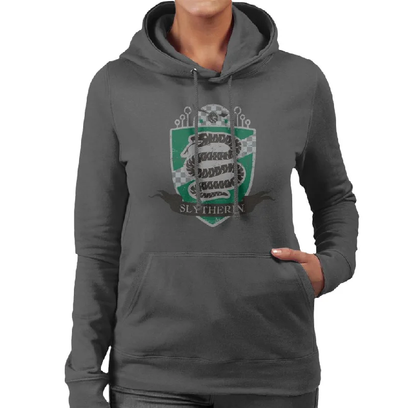 Harry Potter Slytherin Quidditch Distressed Shield Women's Hooded Sweatshirt Hoodie with Thumb Holes Functional Cozy