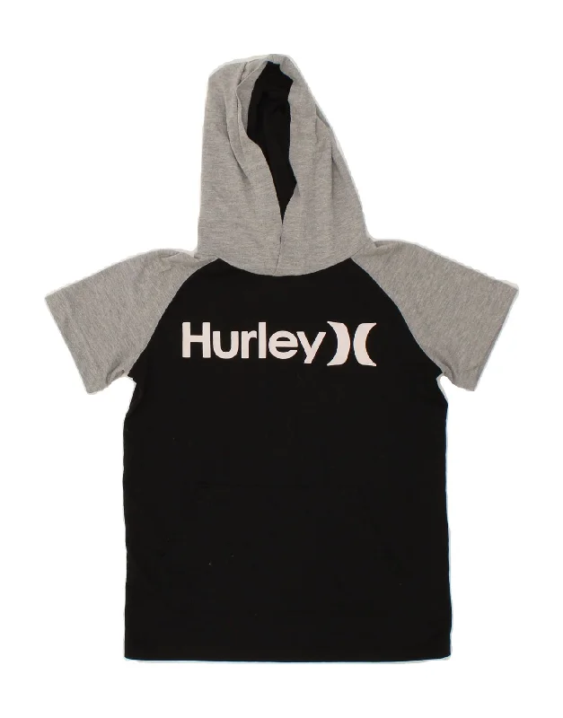 HURLEY Boys Graphic Short Sleeve Hoodie Jumper 10-11 Years Medium Black Hoodie with Mesh Breathable Sporty