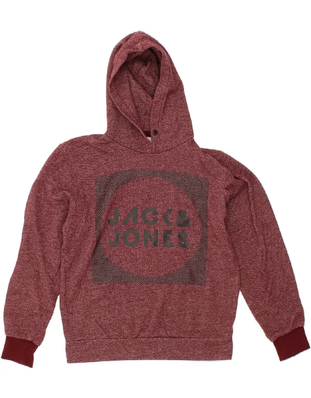 JACK & JONES Mens Graphic Hoodie Jumper Small Burgundy Cotton Hoodie with Emblem Brand Identity