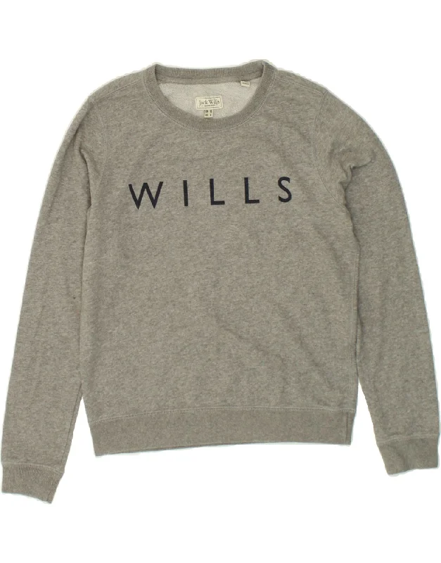 JACK WILLS Womens Graphic Sweatshirt Jumper UK 10 Small Grey Cotton Hoodie with Bell Sleeves Flared Feminine