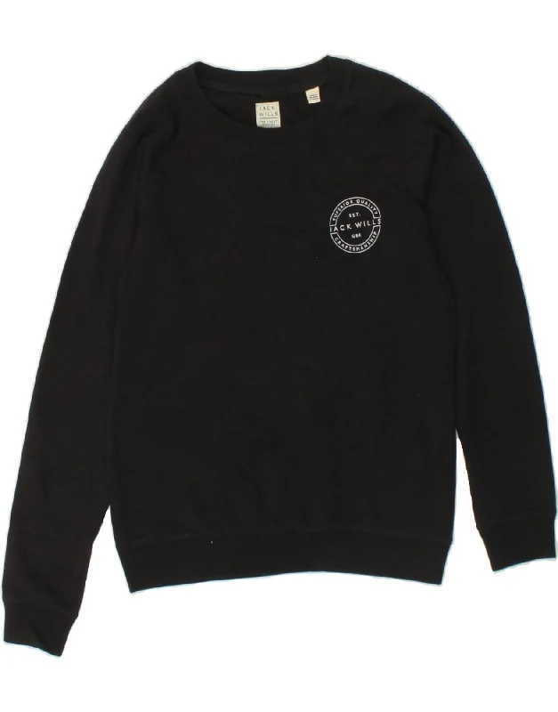 JACK WILLS Womens Graphic Sweatshirt Jumper UK 8 Small  Black Cotton Hoodie with Neon Bright Vibrant