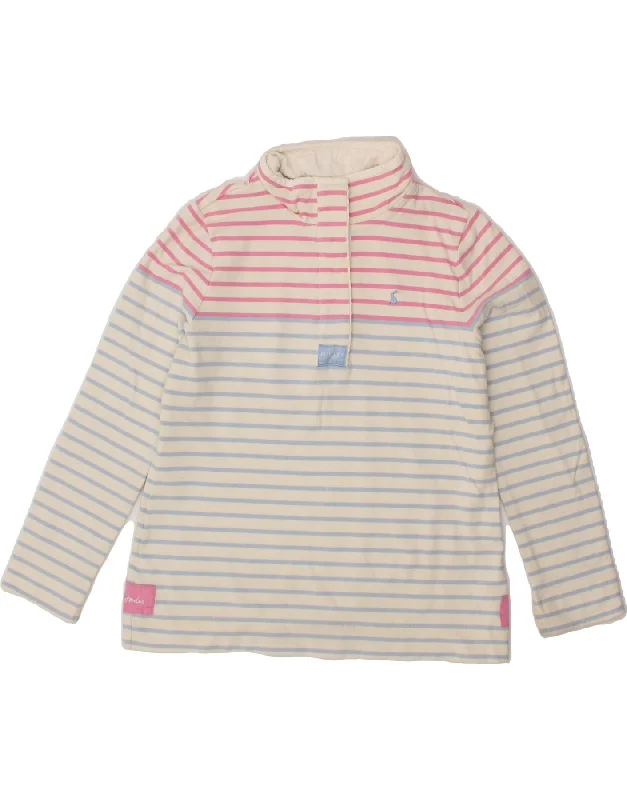 JOULES Womens Button Neck Sweatshirt Jumper UK 14 Large  White Striped Hoodie with Drawcord Adjustable Secure