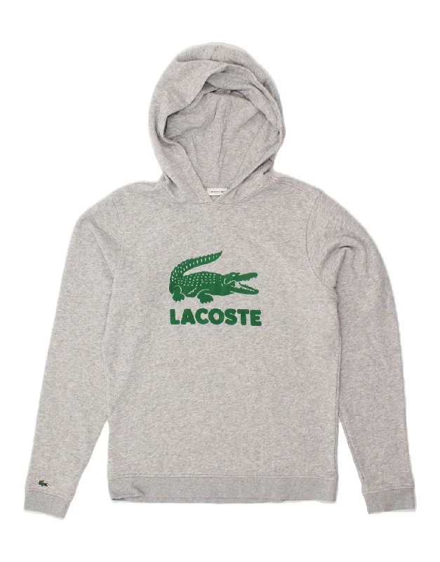 LACOSTE Womens Graphic Hoodie Jumper UK 12 Medium Grey Cotton Hoodie with Metallic Shiny Futuristic