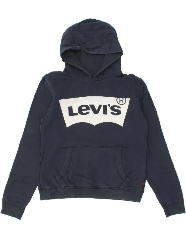 LEVI'S Boys Graphic Hoodie Jumper 13-14 Years Navy Blue Cotton Hoodie Crop Top Short Trendy