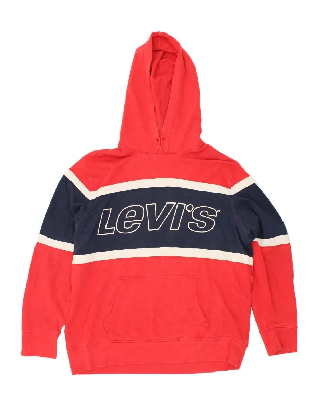 LEVI'S Mens Graphic Hoodie Jumper 2XL Red Colourblock Cotton Hoodie with Pattern Geometric Abstract