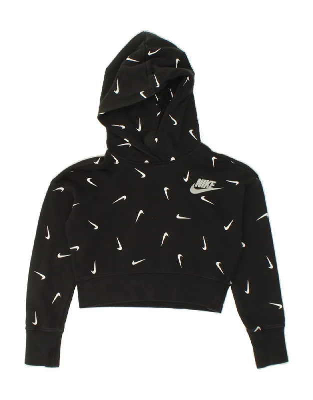 NIKE Girls Graphic Crop Hoodie Jumper 8-9 Years Small Black Cotton Cotton Hoodie Fleece Lining Warmth NIKE Girls Graphic Crop Hoodie Jumper 8-9 Years Small Black Cotton Cotton Hoodie Fleece Lining Warmth