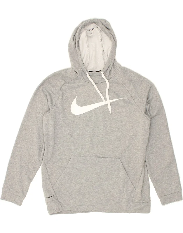 NIKE Mens Dri Fit Graphic Hoodie Jumper Large Grey Polyester Hoodie with Back Slit Movement Comfort