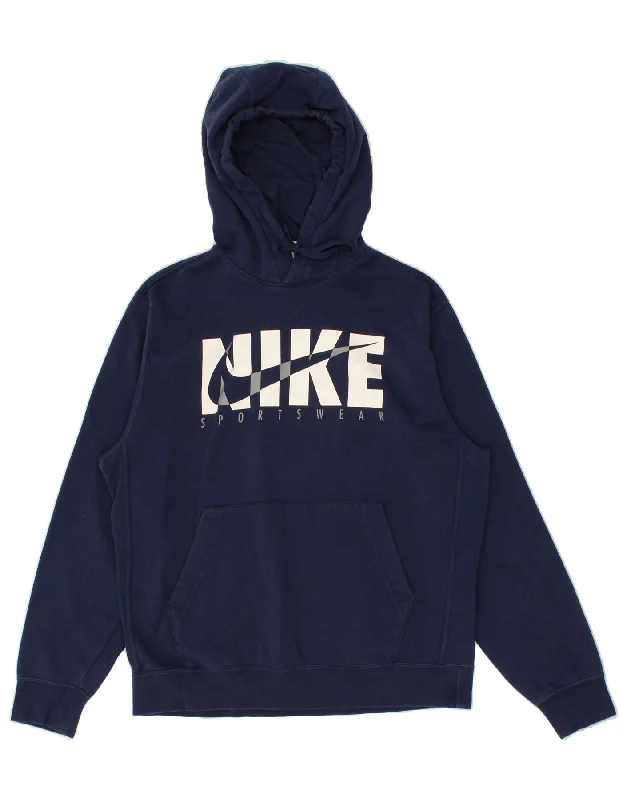 NIKE Mens Graphic Hoodie Jumper Medium Navy Blue Cotton Hoodie with Exposed Zipper Edgy Industrial