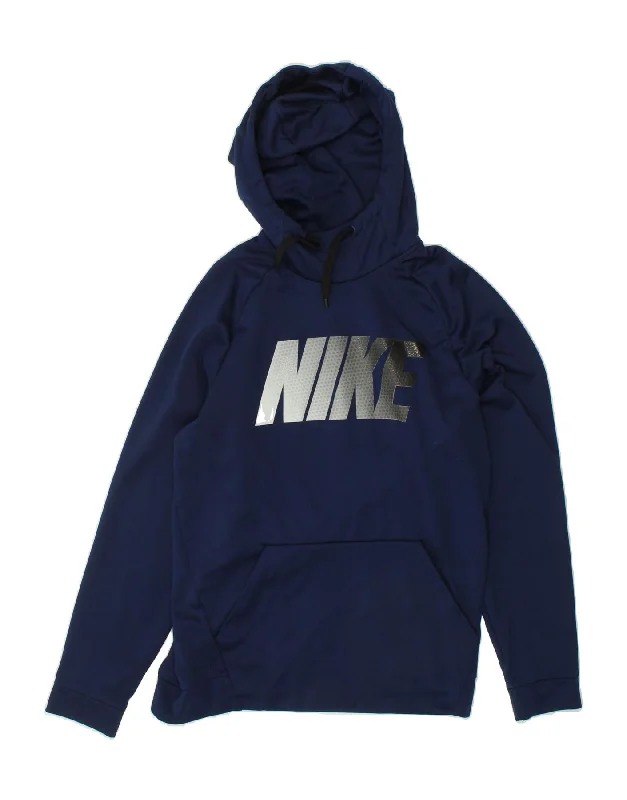 NIKE Mens Graphic Hoodie Jumper Medium Navy Blue Polyester Hoodie with Hem Raw Edge Edgy Unfinished