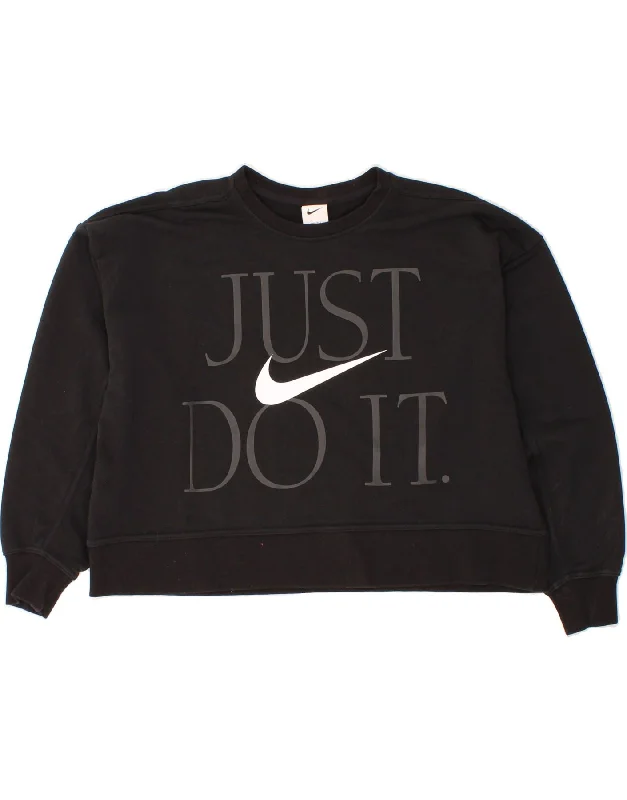 NIKE Womens Dri Fit Oversized Graphic Sweatshirt Jumper UK 14 Medium Black Hoodie with Lining Warm Insulated